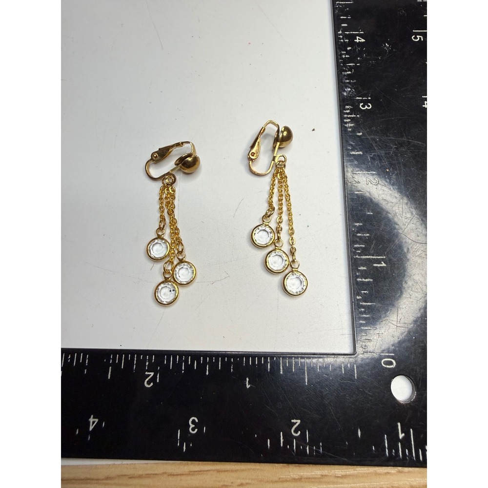 Vintage Gold Tone Triple Tier Crystal Drop Clip On Earrings Bezel Set Dangle